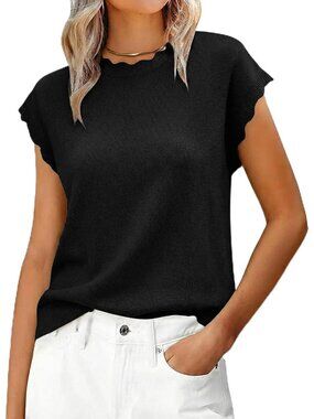 Women's Black Summer Cap Sleeve Lightweight Knit Sweater Soft Scallop Top